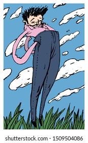 Image of a guy floating in the sky among the clouds, a love story. Color illustration, design of web pages and paper publications, branded products, stickers, poster.