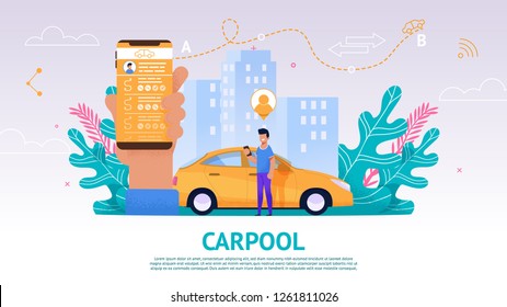 Image Guy Planning Trip from Point A to Point B. Banner Vector Illustration Male Driver Looking in Phone Screen. Using Mobile Application to Search for Travel Companion. Riding Yellow Car. Carpool