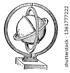 An image of the gyroscope that is three concentric circles suspended free to move independently of each other at right angles, vintage line drawing or engraving illustration.