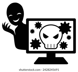 Imagen de un hacker y un equipo infectado por virus