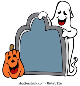 Imagen de un fantasma de Halloween con calabaza y lápida.