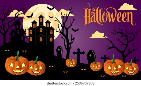  Image is a Halloween scene It shows a spooky night with a full moon haunted house graveyard jack o lanterns bats and the word Halloween written in a spooky font