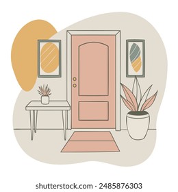 Una Imagen de un pasillo sobre un fondo blanco. Ilustración de la puerta delantera, mesa, planta y pintura.  Ilustración vectorial.