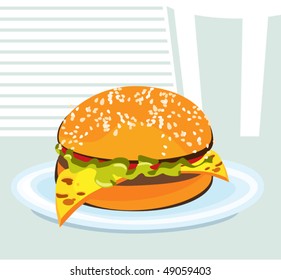 image of a hamburger on a plate, against the wall and drink