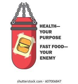 Image of a hamburger on a punching bag.sport against junk food