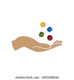 An image of a hand with colored dice thrown up on a white background. Vector image.