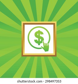 Image of hand cursor clicking on dollar in golden frame, on green abstract background