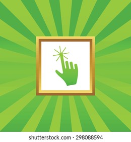 Image of hand cursor in golden frame, on green abstract background