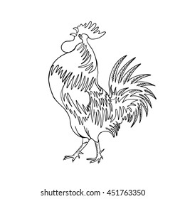 Image of a hand drawing cock or rooster with black outline on white background. Chinese zodiac rooster design element for Chinese New Year decoration. Drawing for coloring. Vector.