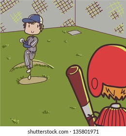 Image of hand drawn cartoon baseball players on the pitch