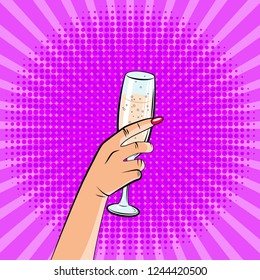 An image of a hand with a glass of champagne. Pop art style, comics. vector