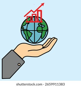 La Imagen de una mano sosteniendo la tierra con una tabla de crecimiento roja simboliza el éxito comercial global y la sostenibilidad económica a nivel internacional.