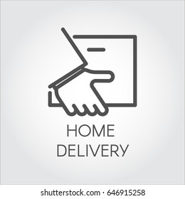 Image of the hand holding envelope. Icon of home delivery, fast and convenient service concept. Simple black linear logo for websites, mobile apps and other design needs. Vector contour graphics