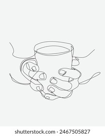 Imagen de mano sosteniendo taza de vidrio de chocolate caliente en estilo de diseño de línea continua