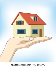 Image of a hand holding up a house on nice clear blue background.