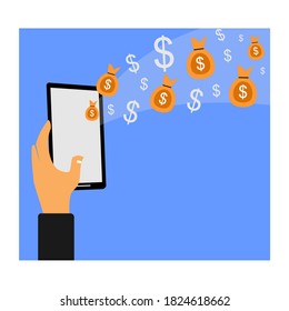 image of a hand holding a smart phone and some money icons