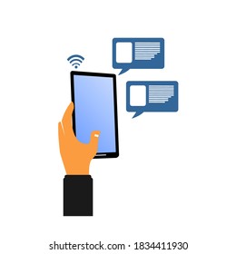 image of a hand holding a smartphone and bubble chat next to it