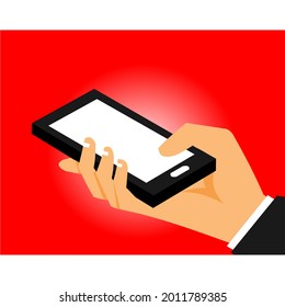 image of a hand holding a smartphone on a red background