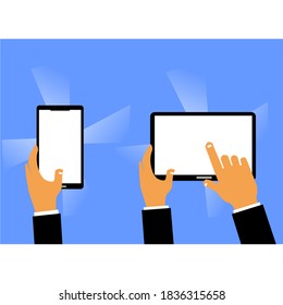 image of a hand holding a smartphone and the other hand squeezing the tablet