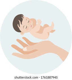 image of the hand of a man who holds a small sleeping baby/stock isolated illustration on white background for printing on postcards, websites, shop advertising in cartoon style