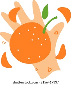 Imagen de una mano con naranja. Burbujas rosas vuelan por ahí. Cortes de naranja por ahí.
