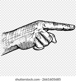 Imagen de una mano apuntando con un dedo índice. Dibujo de la mano. Vector de boceto y doodle