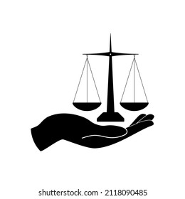 An image of a hand with scales in a simple design on a white background. Vector image.