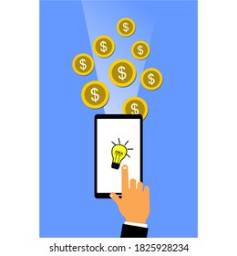image of a hand squeezed a smartphone in which there is a light bulb icon and several money icons