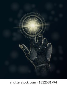 Image of a hand touching glowing point. Futuristic concept consisting of points on dark background. Business concept. Ad background.