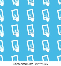 Image of hand touching phone screen, repeated in straight lines on blue background
