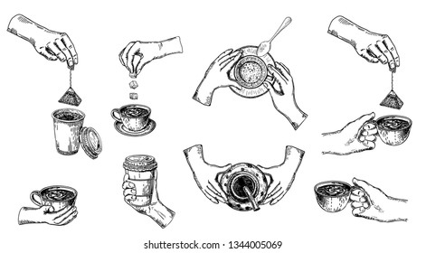 Image of hands holding a cup of tea, coffee, tea bags. Sketch. Hand icons set. Concept of hand hands hold different drink.

