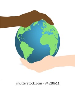 Image of hands holding up the earth isolated on a white background.
