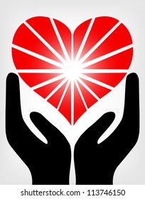Image of the hands holding red heart. Vector illustration