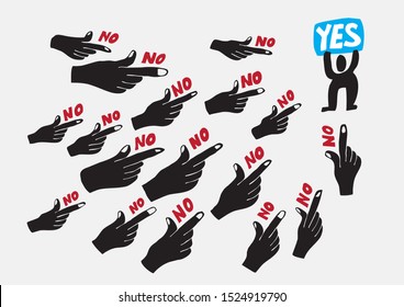Image of hands that point to man who disagrees with "Yes" sign.
A concept of revolution or protest. Vector.