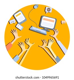 image with a lot of hands that stretch to the computer, phones and other gadgets