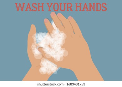 Una imagen de lavarse las manos. La recomendación de lavarse las manos con coronavirus y cuarentena. Espuma del jabón en un minucioso lavado de manos. Ilustración Vector eps.