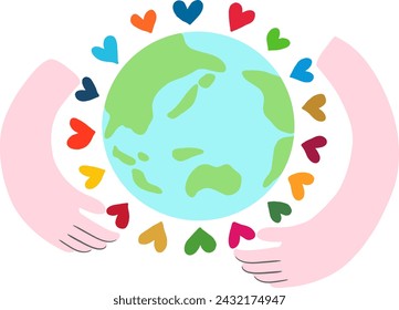 An image of hands wrapping the earth and 17 colored hearts, a simple and stylish hand-drawn illustration