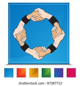 An image of a handshake on a colorful button.