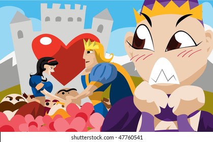 An image of the handsome young prince and Snow White holding hands in a garden in front of the prince's castle while the seven dwarves and the king look on.