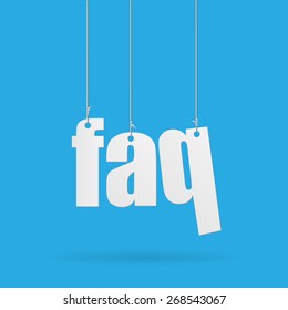 Image of hanging FAQ text on a colorful blue background.