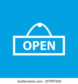 Image of hanging sign with text OPEN, isolated on blue background