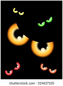 Image of Happy Halloween spooky background Flat design. Vector illustration of invitation card with scary bloody eyes, eyeballs 