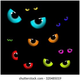 Image of Happy Halloween  spooky background Flat design. Vector illustration of invitation card with scary eyes, eyeballs, iris.