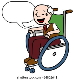 An image of a happy senior man sitting in his wheelchair.