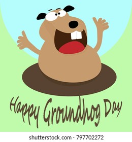 Image of happy smiling groundhog which is going out of his hole with hands up at the light blue and light green background