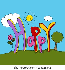 An image of happy text with trees and sun.