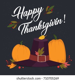 Image of Happy Thanksgiving greeting card with pumpkin and lettering. Vector illustration.