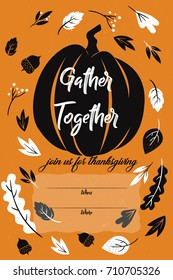 Image of Happy Thanksgiving greeting card with pumpkin and lettering. Vector illustration.