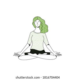 Image of happy tranquil woman character with green hair meditating in lotus pose on white background presenting concept of healthy body and mind