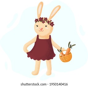 Image of a hare girl in a red dress with a wreath on her head holding a basket of carrots